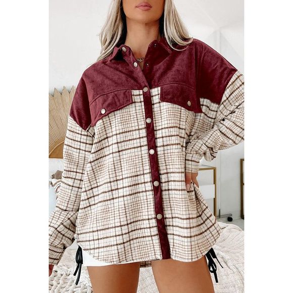 Azura Exchange  Red Plaid Patchwork Button-up Shift Shirt Jacket - Picture 3 of 6